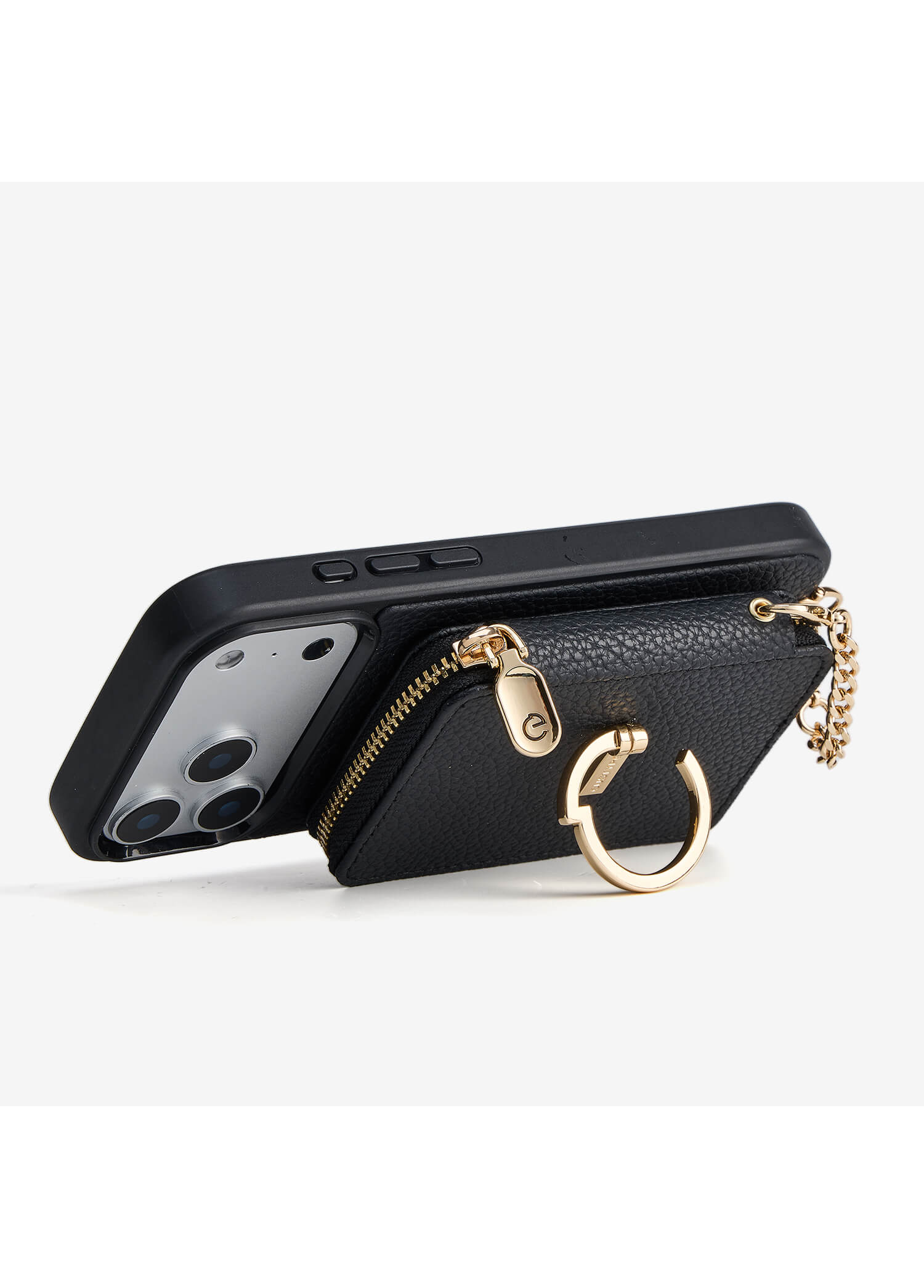 Black textured phone case with a gold chain and circular gold ring charm attached to the zipper pull, shown at an angle.