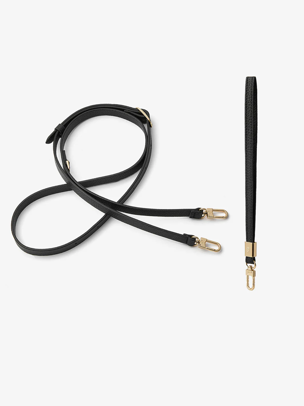 Black leather bag strap with gold-tone hardware and detachable clasps (long crossbody strap)